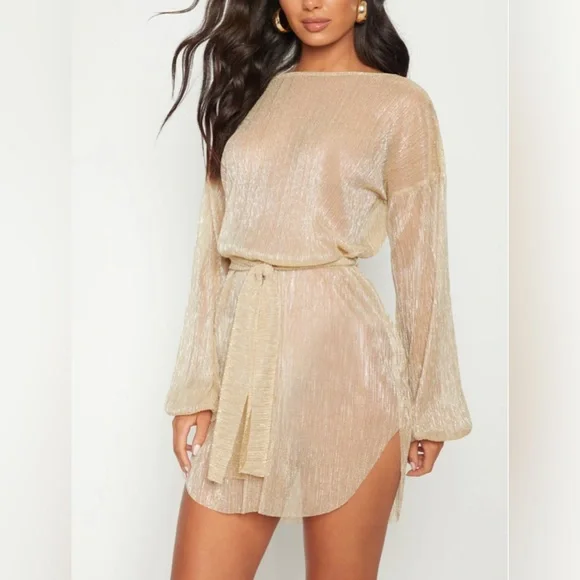PLT Gold Plisse Balloon Sleeve Sheer Shift Dress. Size 4.